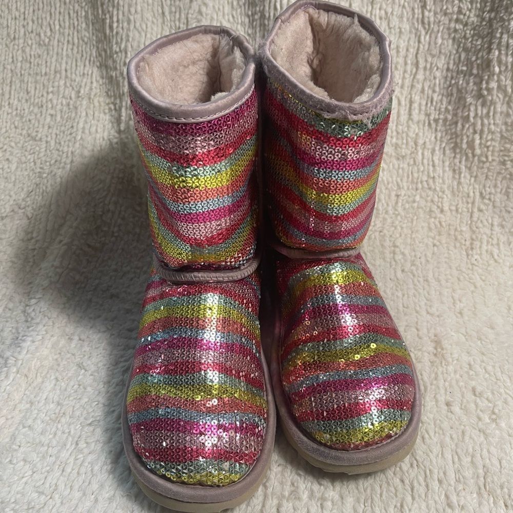 UGG sparkle Sequins Rainbow kids Boots leather blush pink trims  fur lining SZ6